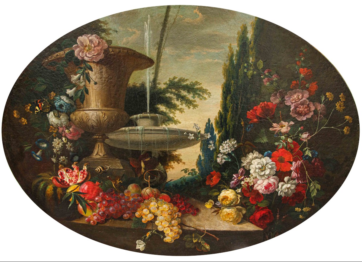 Scuola lombarda, XIX secolo, Composizione di fiori, frutta e fontana