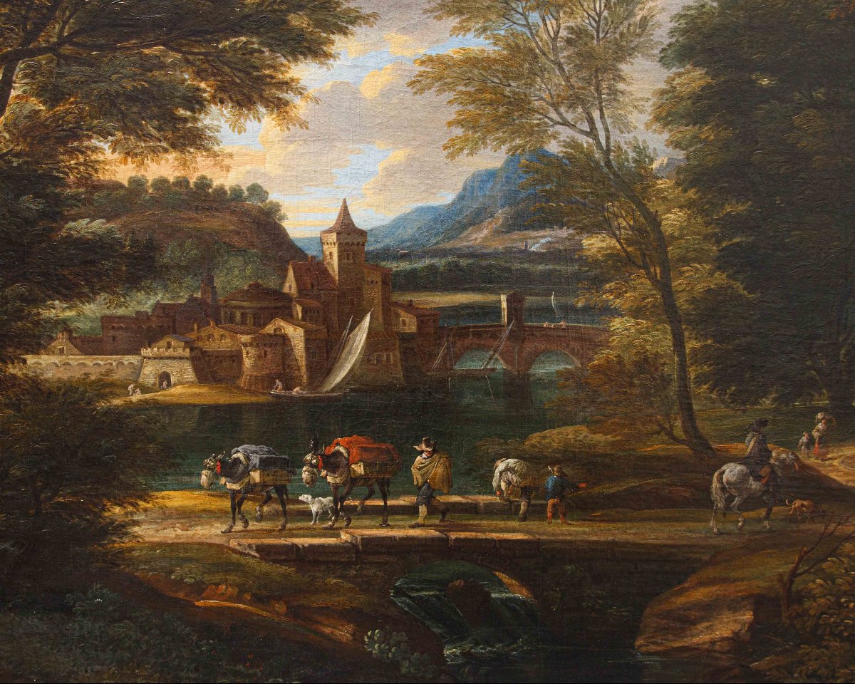 Cerchia di of Jakob de Heusch (Utrecht, 1657- Amsterdam, 1701) Paesaggio Italiano con viandanti-photo-2