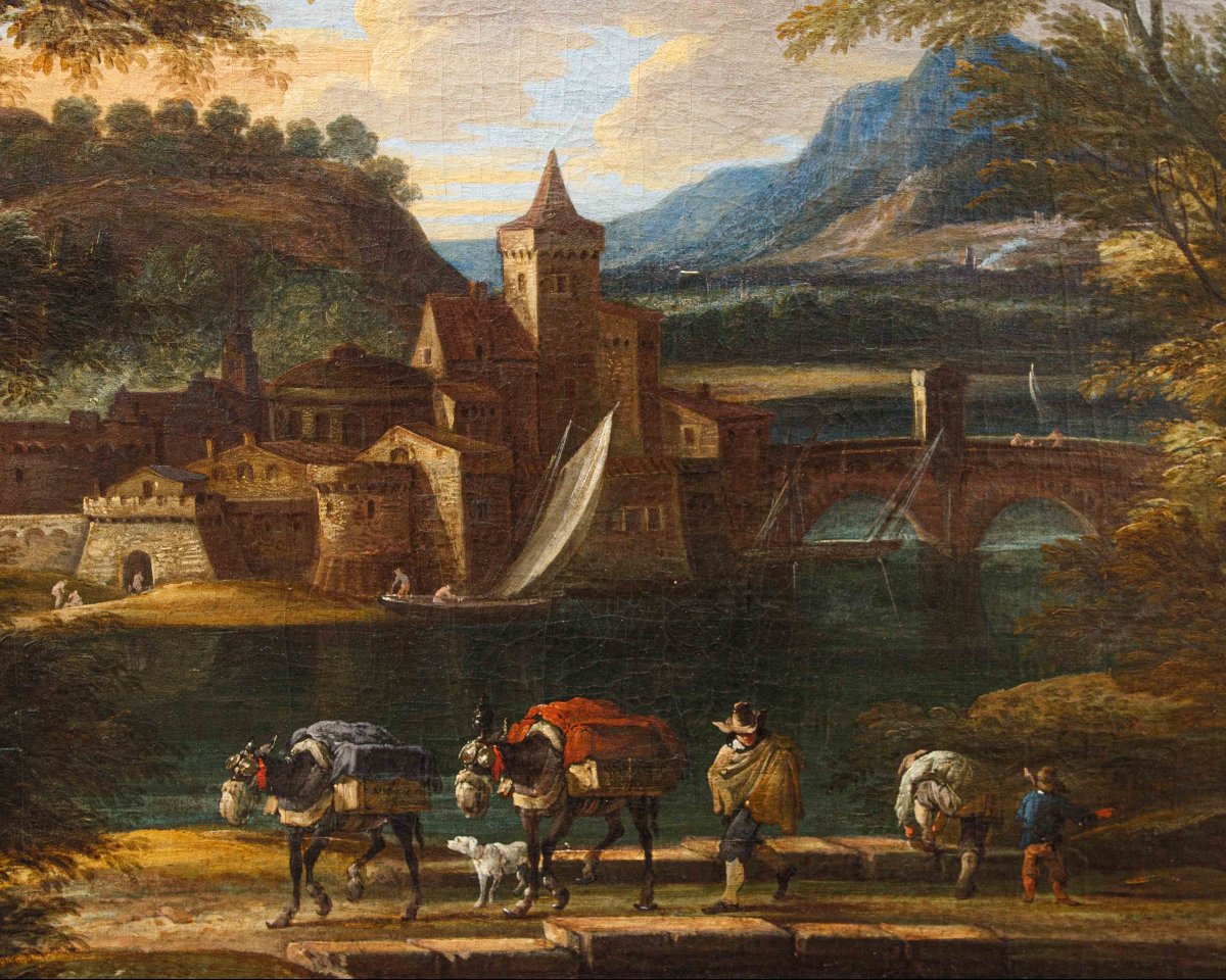 Cerchia di of Jakob de Heusch (Utrecht, 1657- Amsterdam, 1701) Paesaggio Italiano con viandanti-photo-3