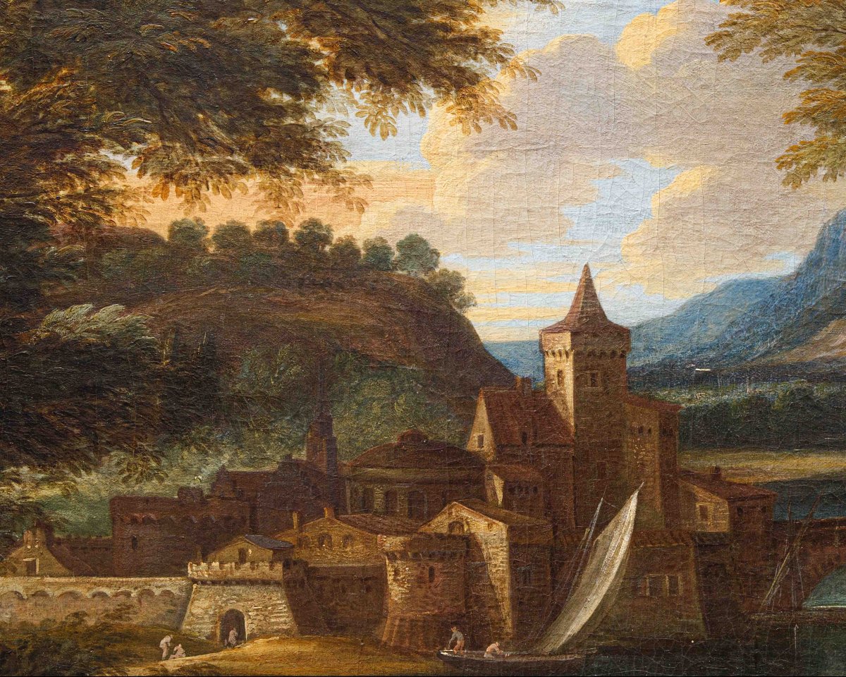 Cerchia di of Jakob de Heusch (Utrecht, 1657- Amsterdam, 1701) Paesaggio Italiano con viandanti-photo-4