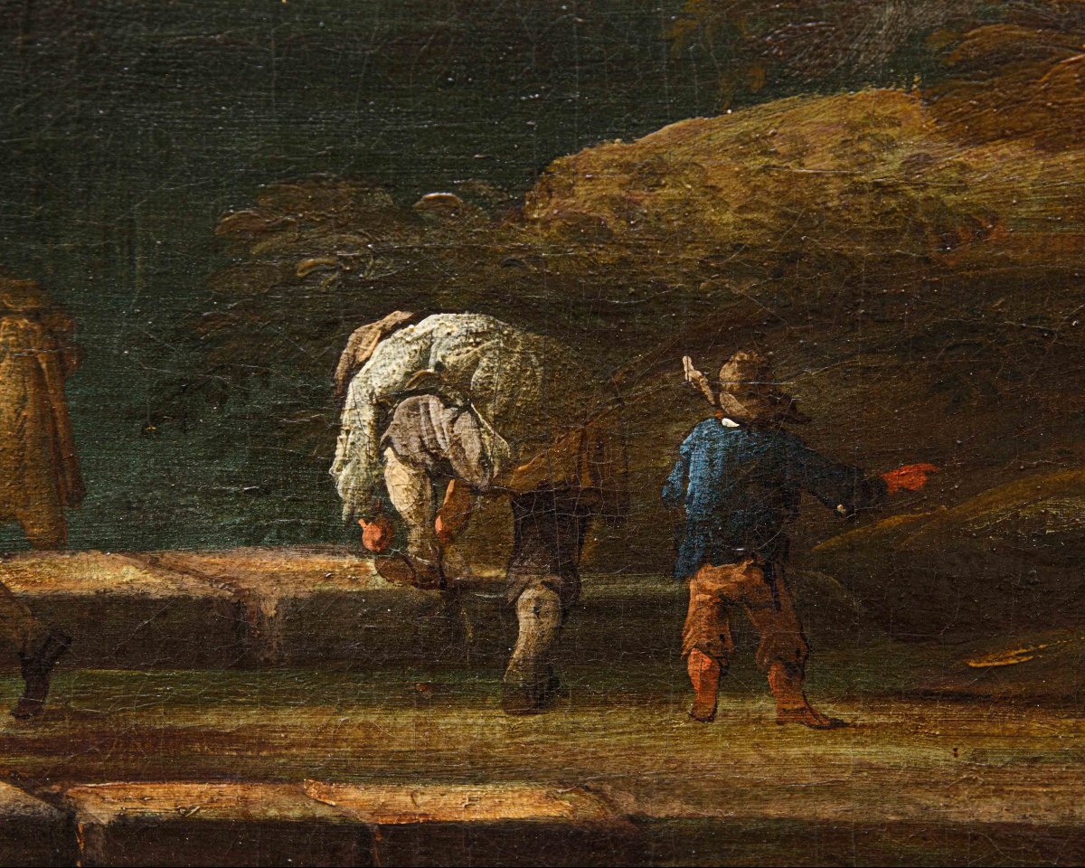 Cerchia di of Jakob de Heusch (Utrecht, 1657- Amsterdam, 1701) Paesaggio Italiano con viandanti-photo-1