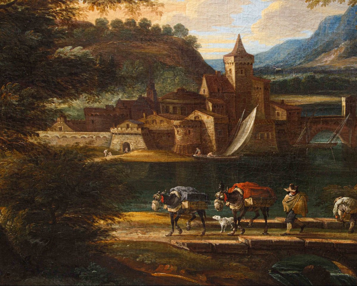 Cerchia di of Jakob de Heusch (Utrecht, 1657- Amsterdam, 1701) Paesaggio Italiano con viandanti-photo-2