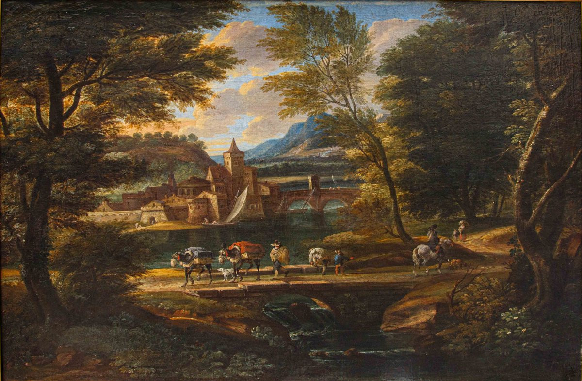 Cerchia di of Jakob de Heusch (Utrecht, 1657- Amsterdam, 1701) Paesaggio Italiano con viandanti-photo-6
