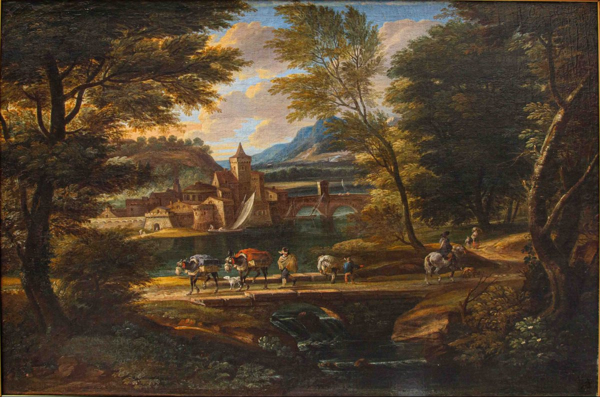 Cerchia di of Jakob de Heusch (Utrecht, 1657- Amsterdam, 1701) Paesaggio Italiano con viandanti-photo-7