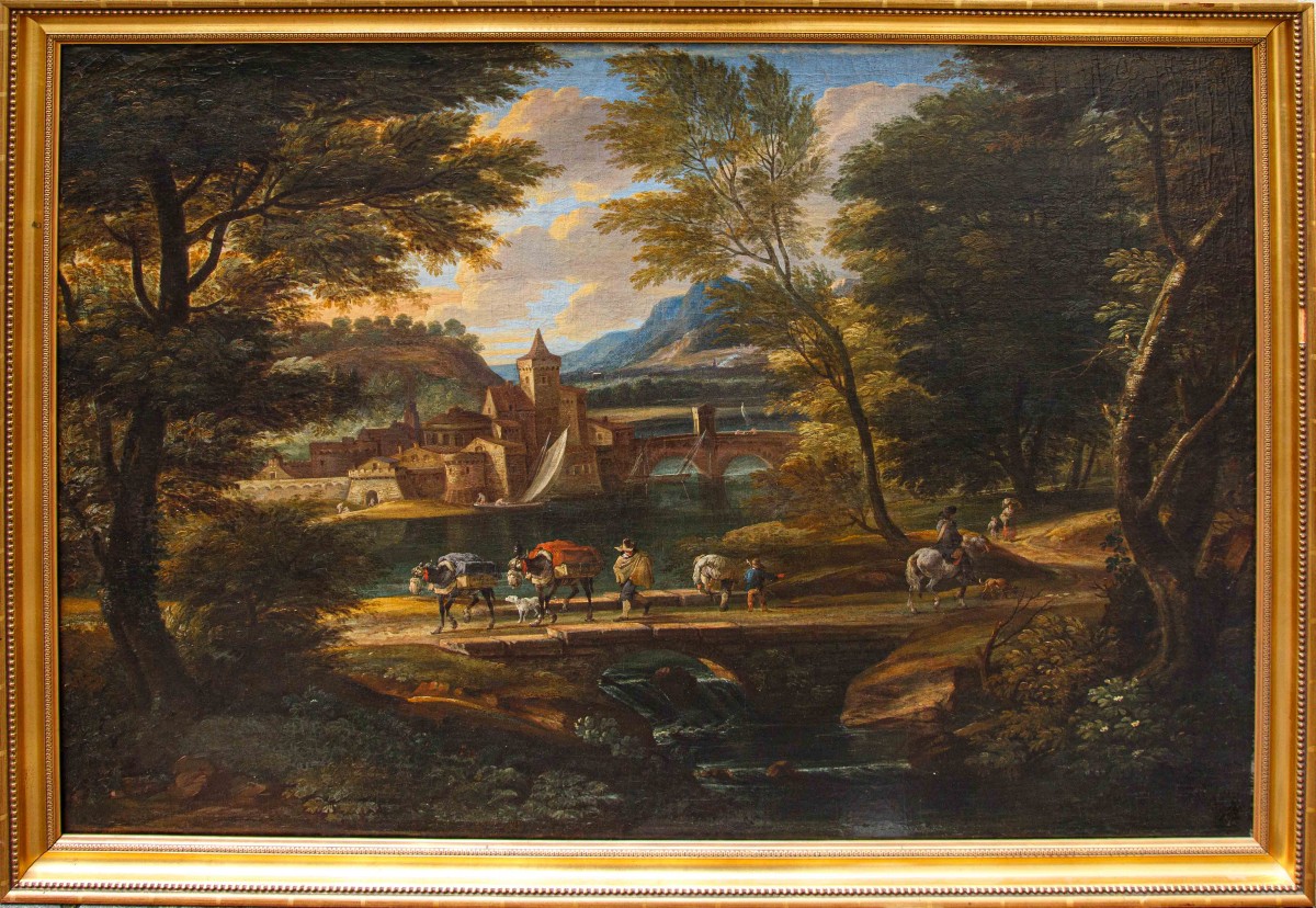 Cerchia di of Jakob de Heusch (Utrecht, 1657- Amsterdam, 1701) Paesaggio Italiano con viandanti