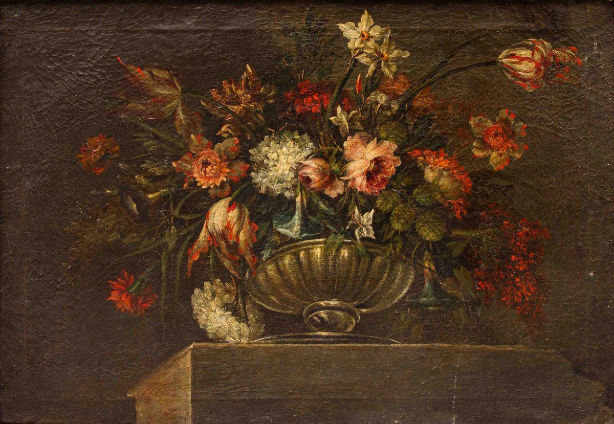 Scuola napoletana, XVIII secolo, Vaso di fiori su base in marmo-photo-2