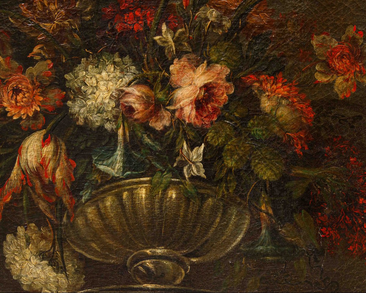 Scuola napoletana, XVIII secolo, Vaso di fiori su base in marmo-photo-3