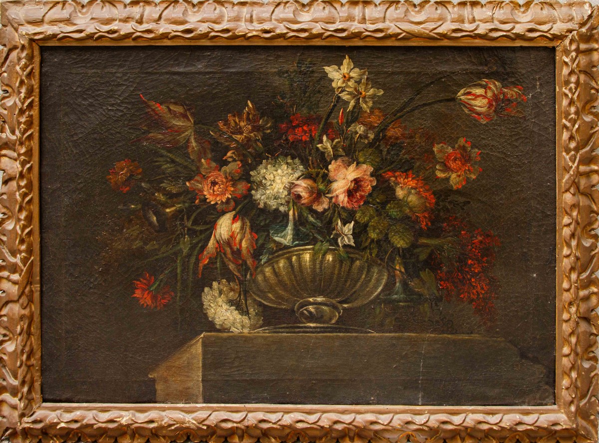 Scuola napoletana, XVIII secolo, Vaso di fiori su base in marmo