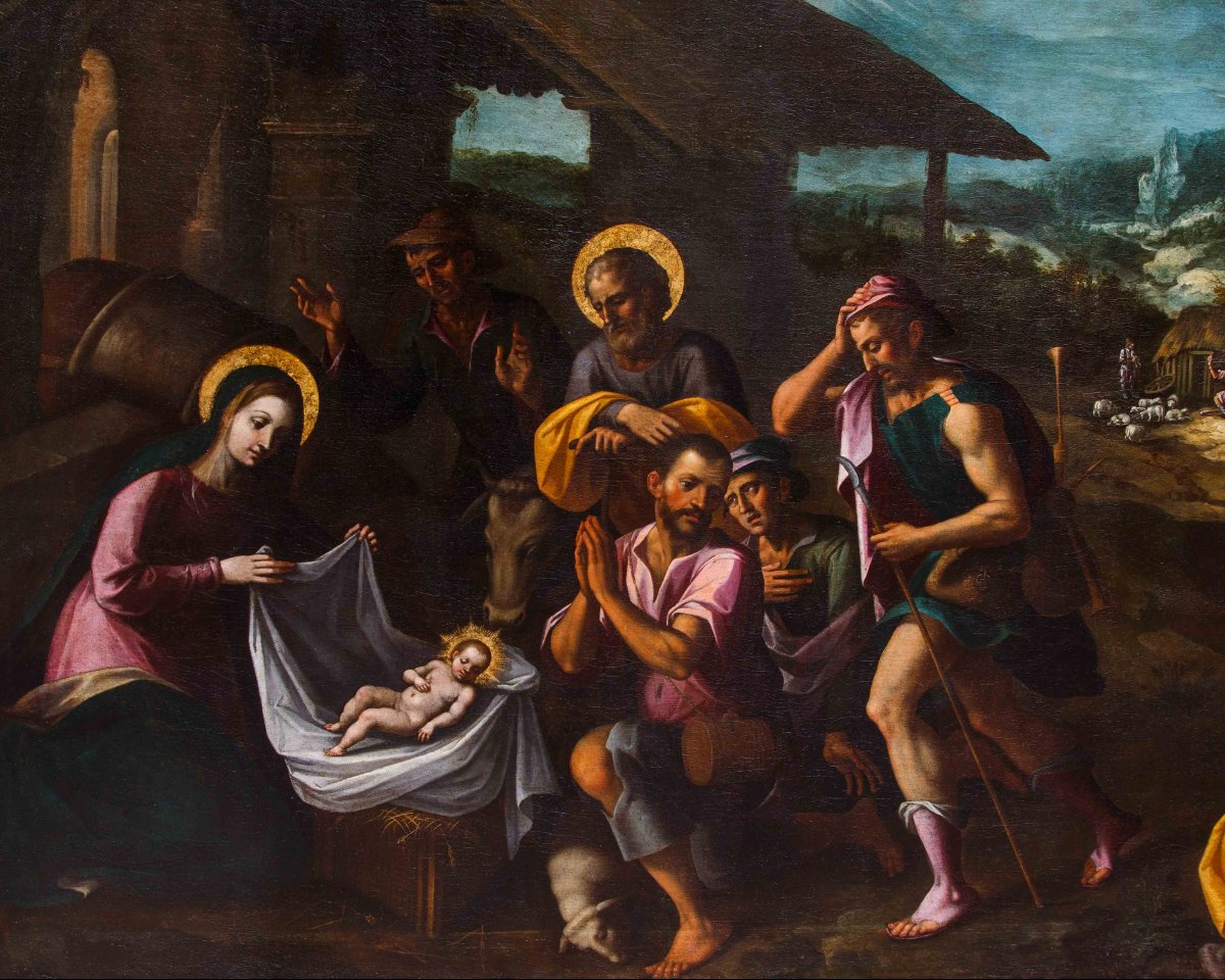 Artista nordico attivo in Italia, ultimo quarto del XVI secolo, Adorazione dei pastori-photo-2