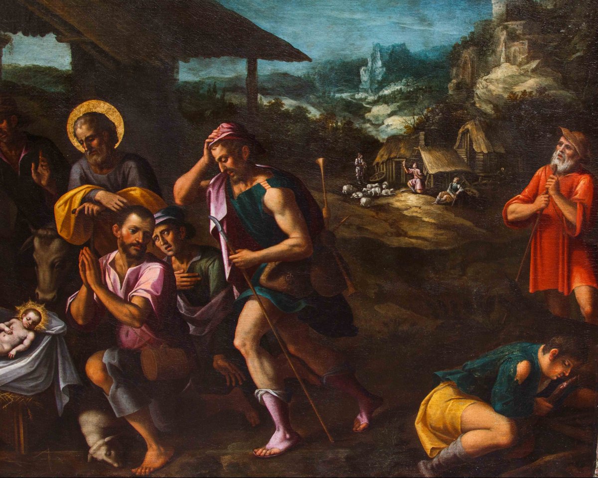 Artista nordico attivo in Italia, ultimo quarto del XVI secolo, Adorazione dei pastori-photo-3