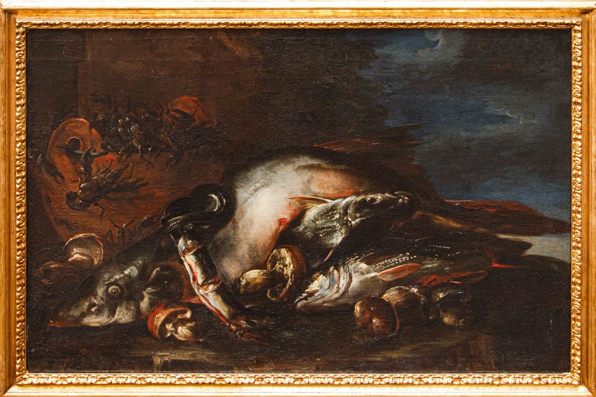 Felice Boselli (Piacenza 1650 –Parma 1732), Natura morta con pesci, gamberi e funghi