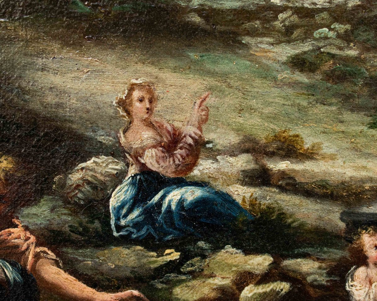 XVII secolo, scuola emiliana. Paesaggio agreste con scene galanti-photo-2
