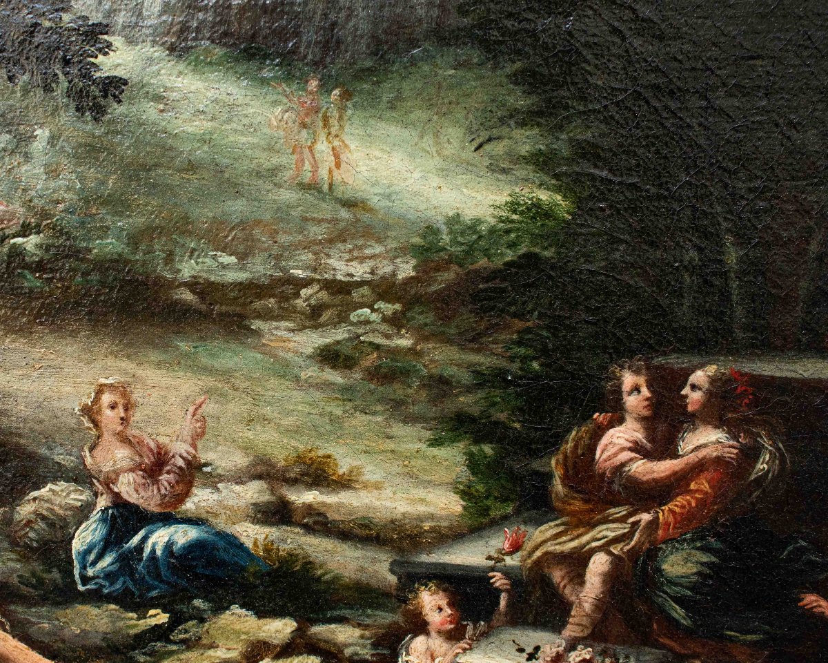 XVII secolo, scuola emiliana. Paesaggio agreste con scene galanti-photo-3