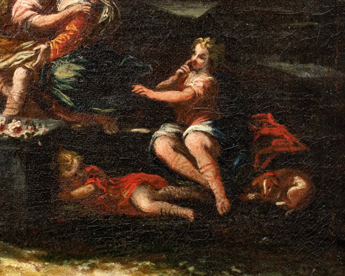 XVII secolo, scuola emiliana. Paesaggio agreste con scene galanti-photo-6