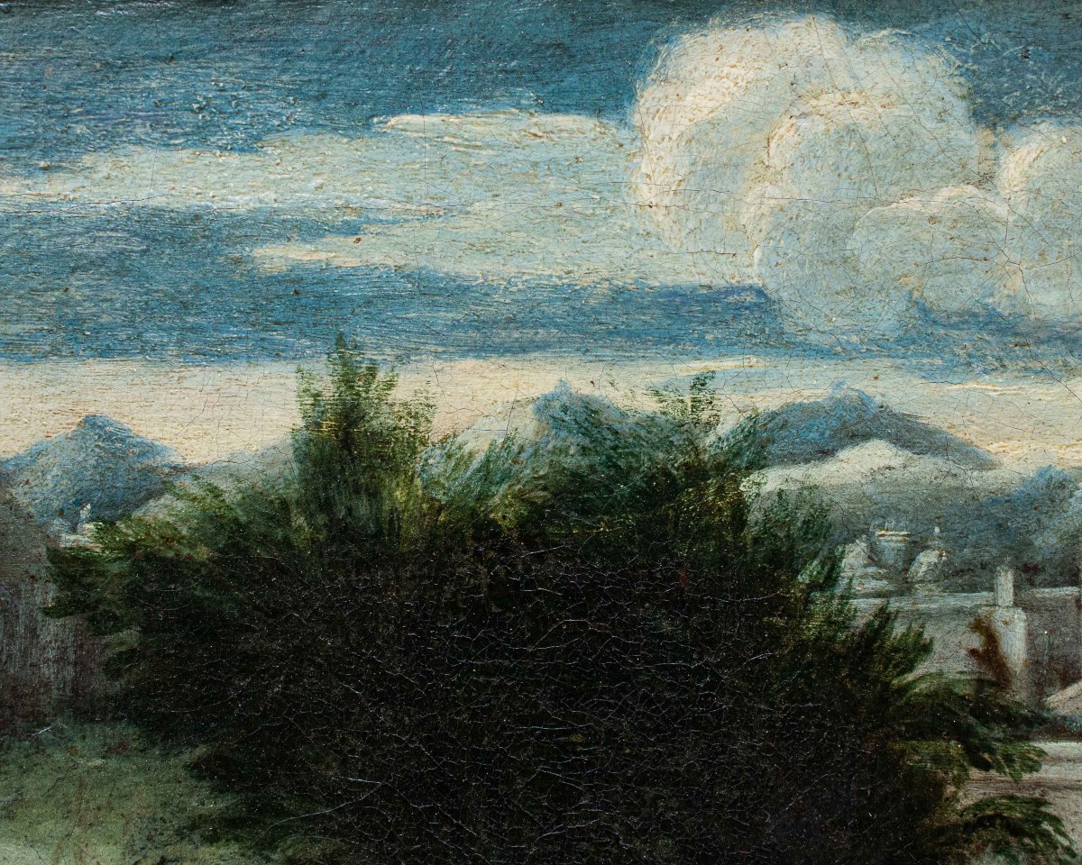 XVII secolo, scuola emiliana. Paesaggio agreste con scene galanti-photo-7