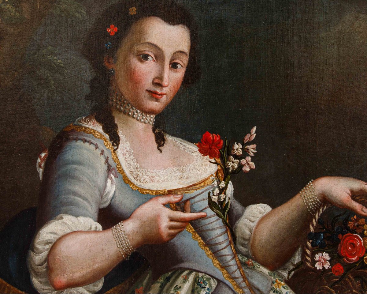 XVIII secolo, cerchia di Pietro Antonio Rotari, Ragazza con cestino di fiori-photo-3
