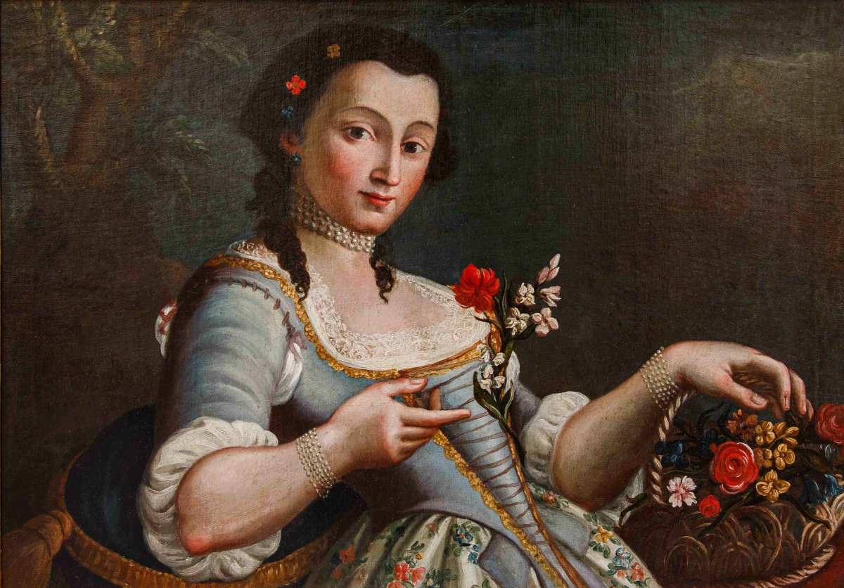 XVIII secolo, cerchia di Pietro Antonio Rotari, Ragazza con cestino di fiori-photo-8