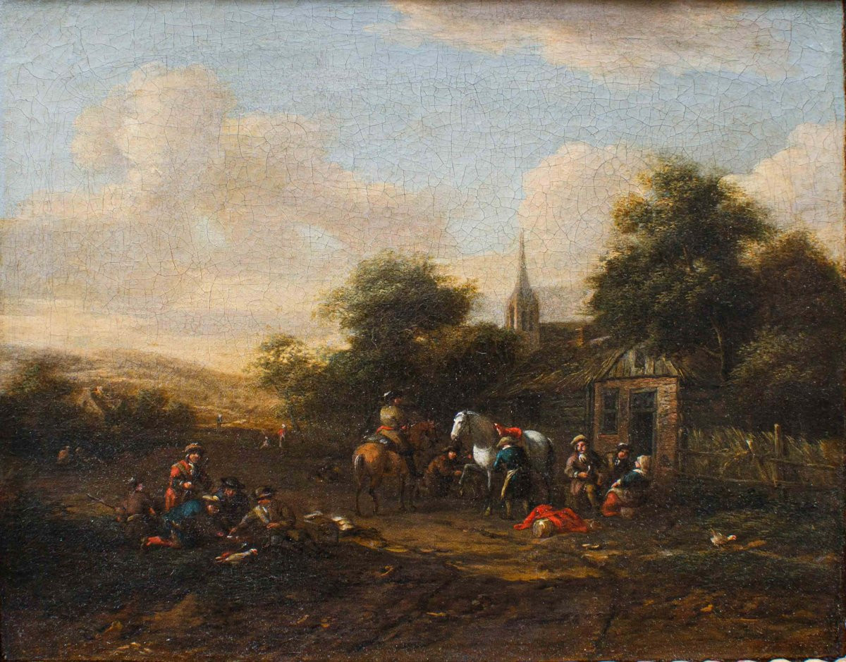 Barent Gael (1630/1635 – 1698), Coppia di paesaggi con scene di genere-photo-3