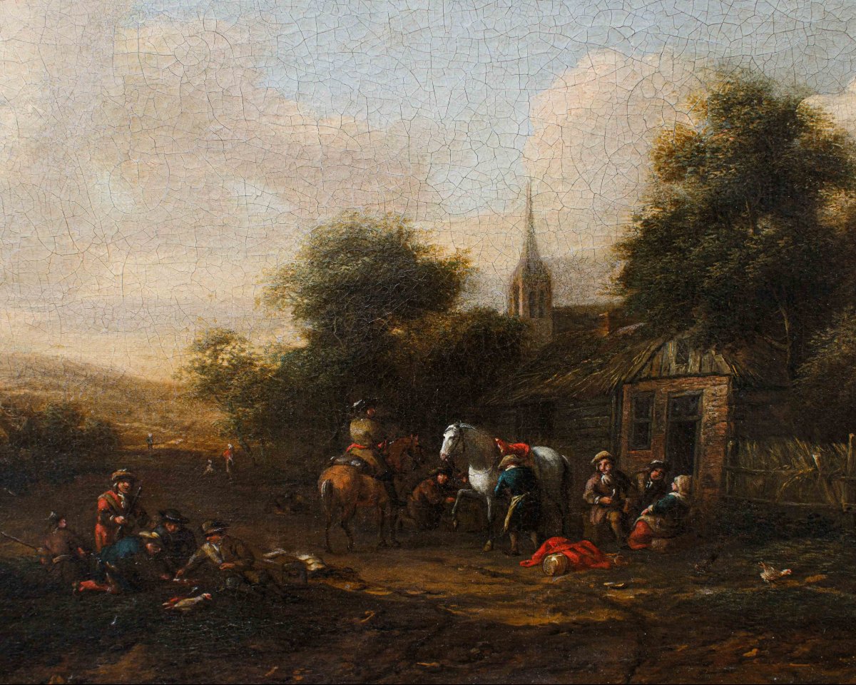 Barent Gael (1630/1635 – 1698), Coppia di paesaggi con scene di genere-photo-5