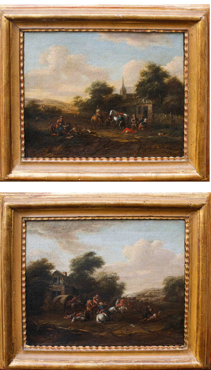 Barent Gael (1630/1635 – 1698), Coppia di paesaggi con scene di genere