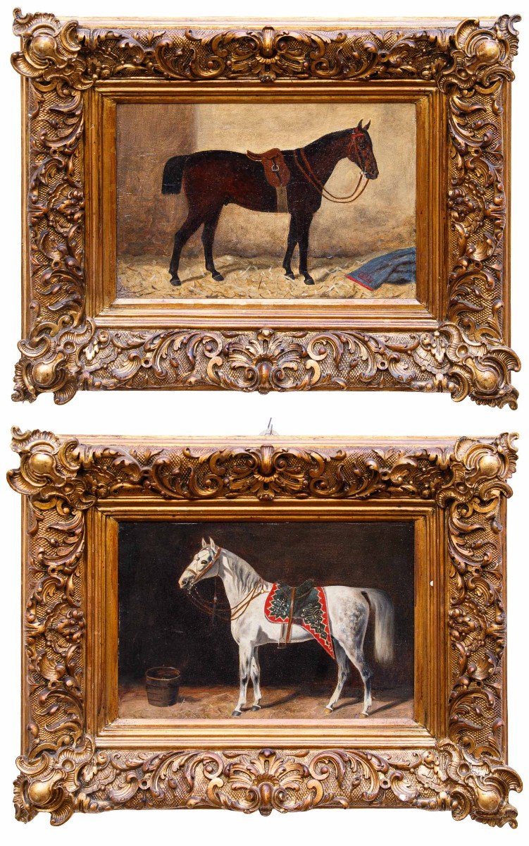 Emil Volkers (Birkenfeld, 1831 - Dusseldorf, 1905), attr., Coppia di cavalli