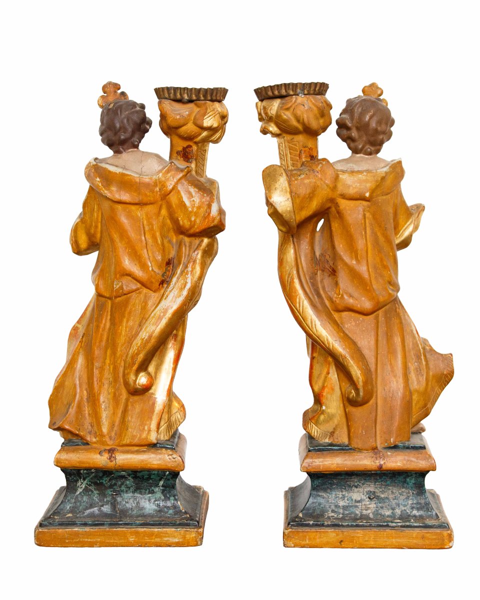 Inizio XIX secolo  Coppia di angeli reggicero in legno dorato-photo-2