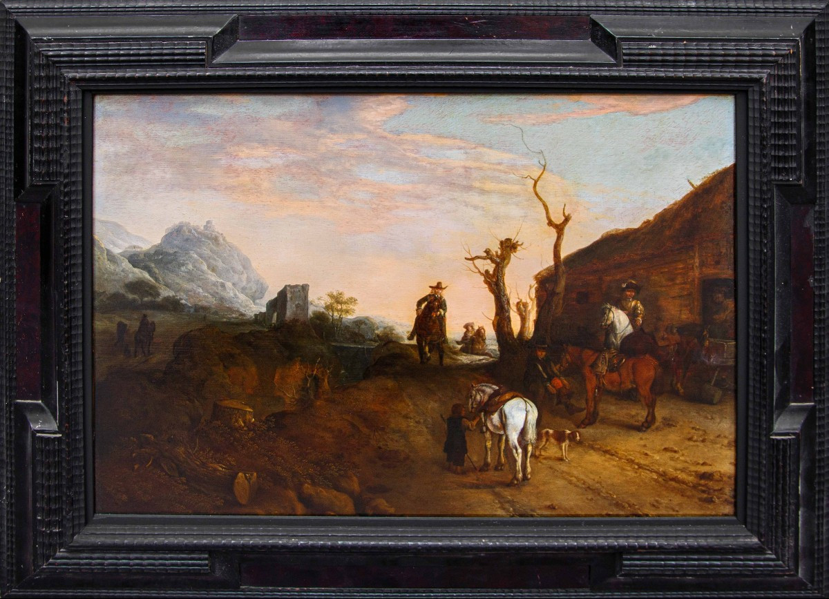 Seguace di Dirk Stoop (Dordrecht, 1610 – Utrecht, 1686), Sentiero con viandanti