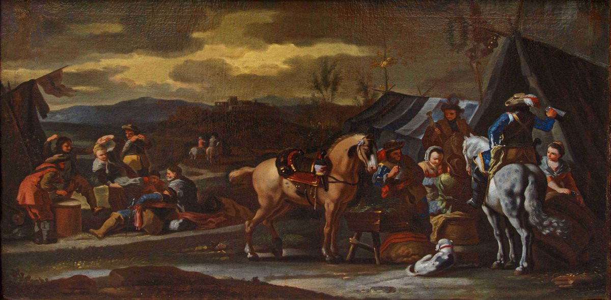 Scuola fiamminga, XVII secolo, Sosta di cavalleria-photo-4