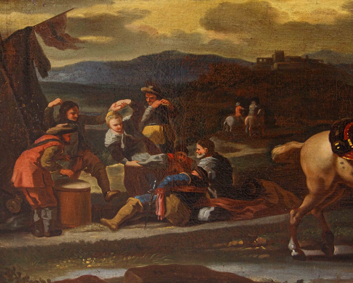 Scuola fiamminga, XVII secolo, Sosta di cavalleria-photo-4