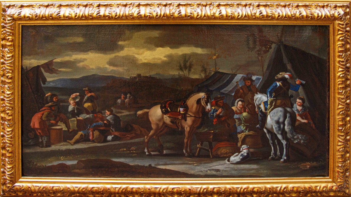 Scuola fiamminga, XVII secolo, Sosta di cavalleria