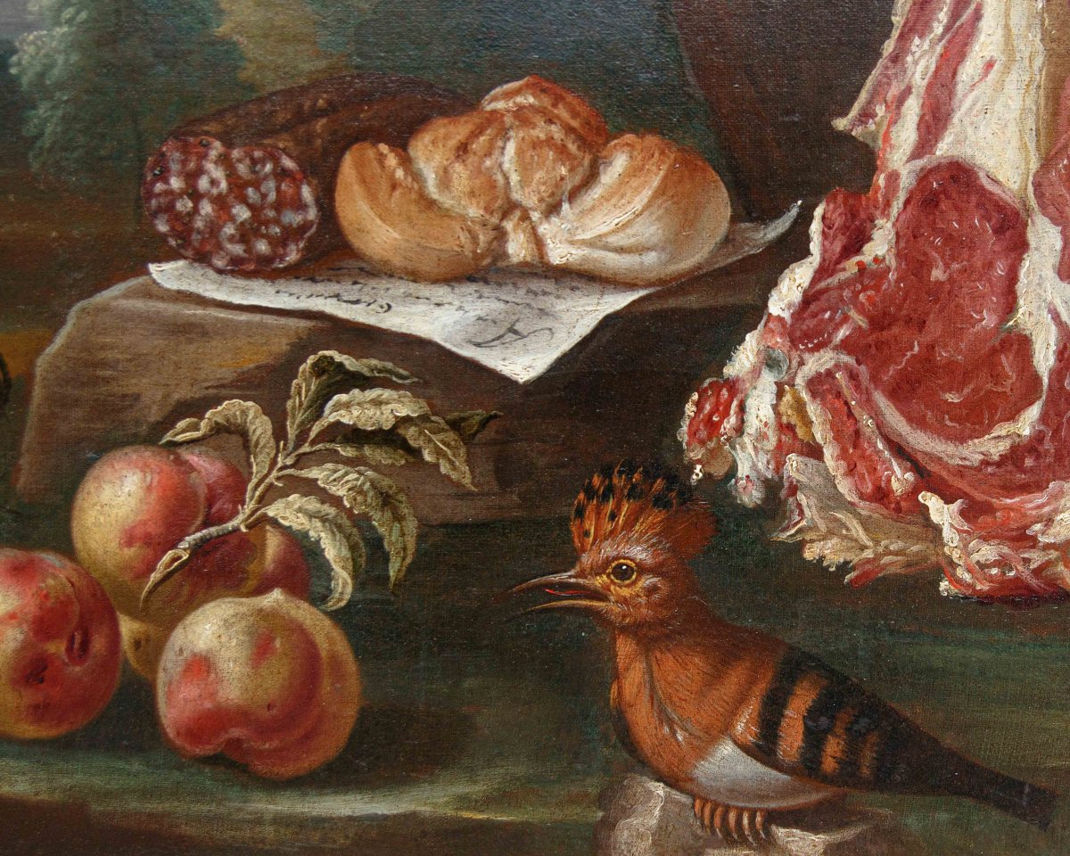 Antonio Rasio (Brescia, post 1677 – ante 1699), Composizione con pane e salame, carne e frutta-photo-2
