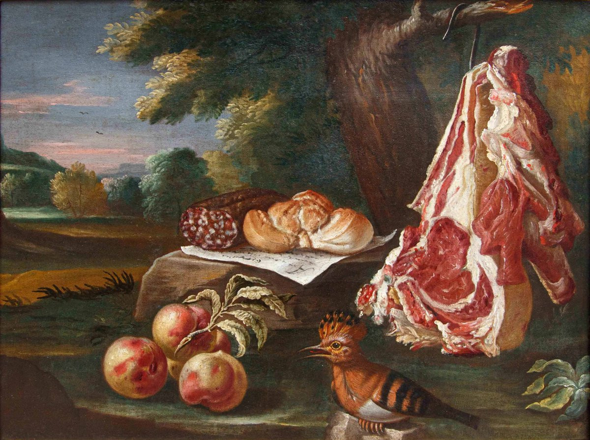 Antonio Rasio (Brescia, post 1677 – ante 1699), Composizione con pane e salame, carne e frutta-photo-4