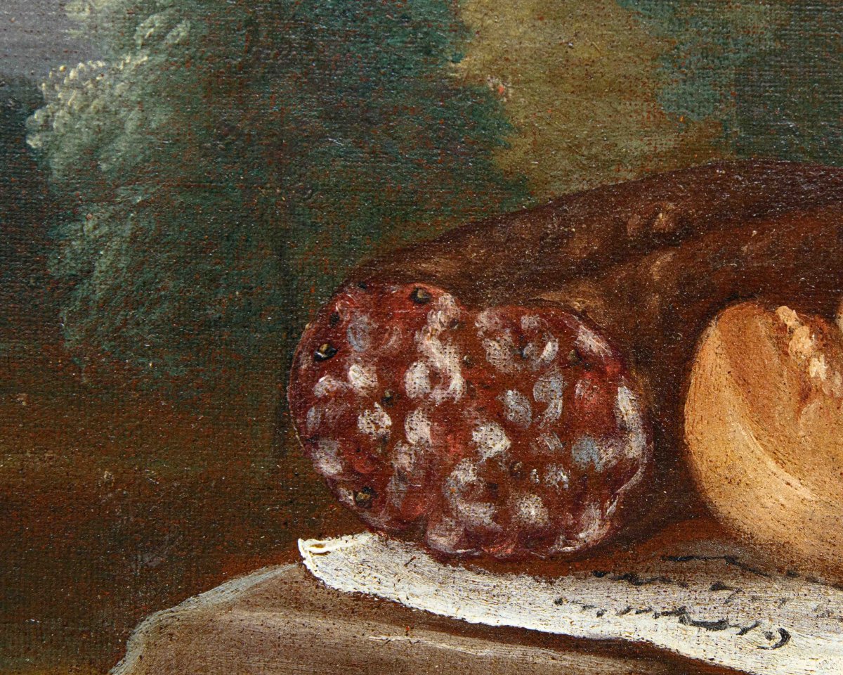 Antonio Rasio (Brescia, post 1677 – ante 1699), Composizione con pane e salame, carne e frutta-photo-1