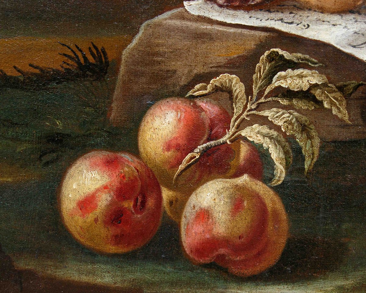Antonio Rasio (Brescia, post 1677 – ante 1699), Composizione con pane e salame, carne e frutta-photo-5