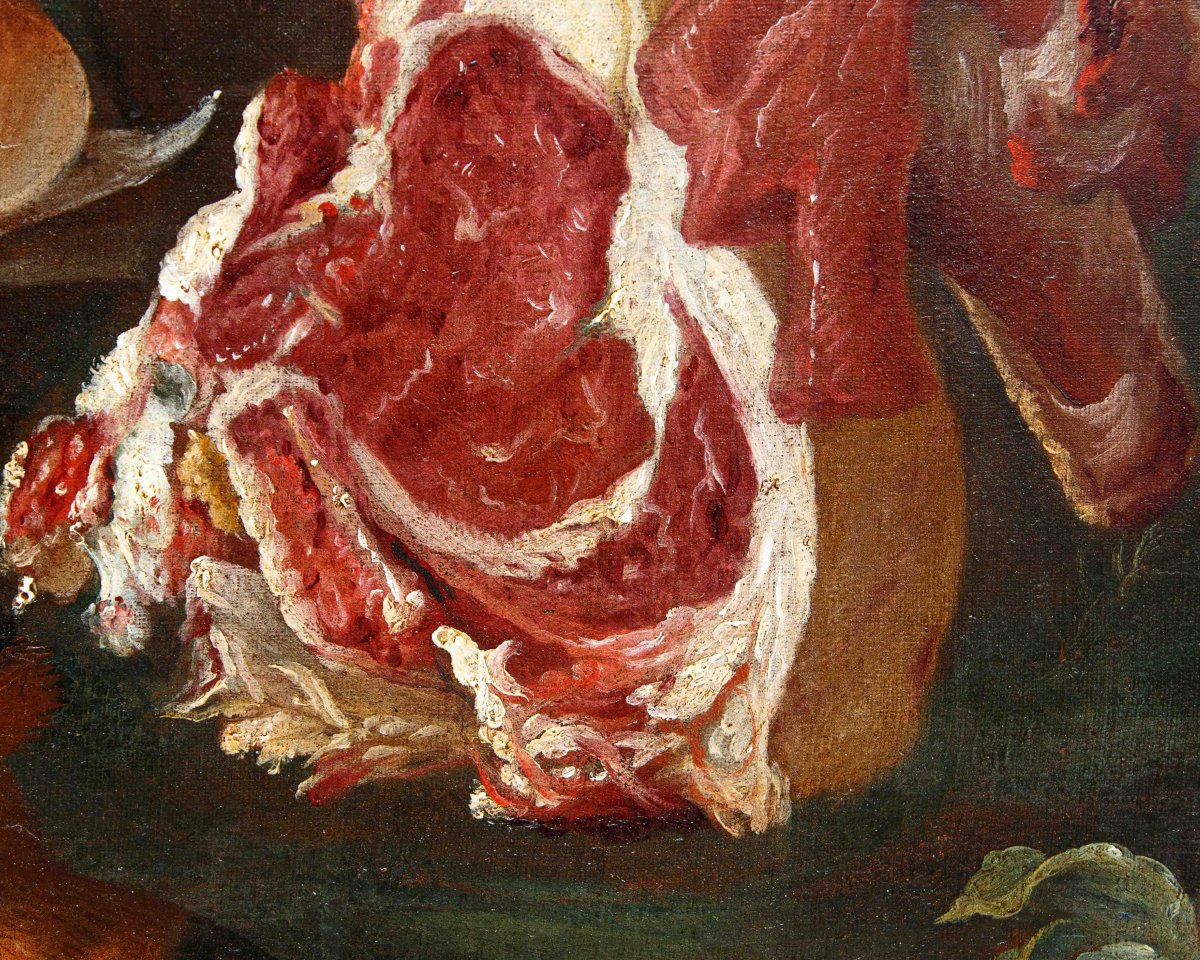 Antonio Rasio (Brescia, post 1677 – ante 1699), Composizione con pane e salame, carne e frutta-photo-6