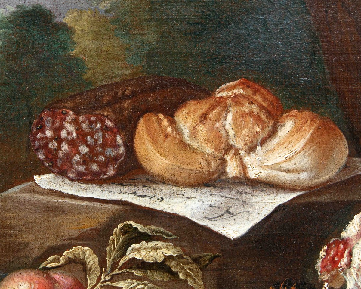 Antonio Rasio (Brescia, post 1677 – ante 1699), Composizione con pane e salame, carne e frutta-photo-7
