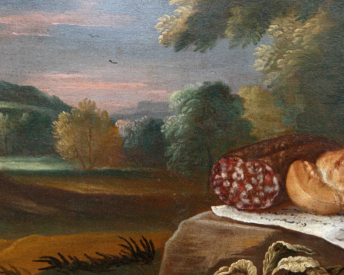 Antonio Rasio (Brescia, post 1677 – ante 1699), Composizione con pane e salame, carne e frutta-photo-8
