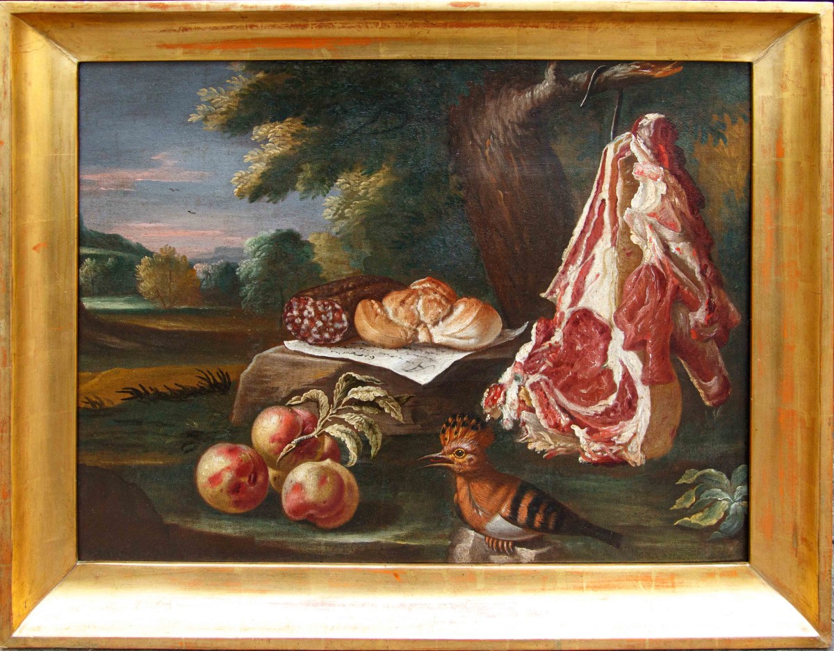 Antonio Rasio (Brescia, post 1677 – ante 1699), Composizione con pane e salame, carne e frutta