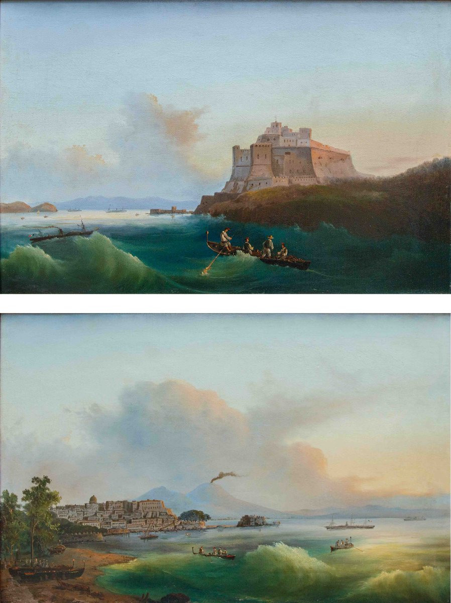 XIX secolo,  Due vedute marine con il castello aragonese di Baia e del Golfo di Napoli-photo-4