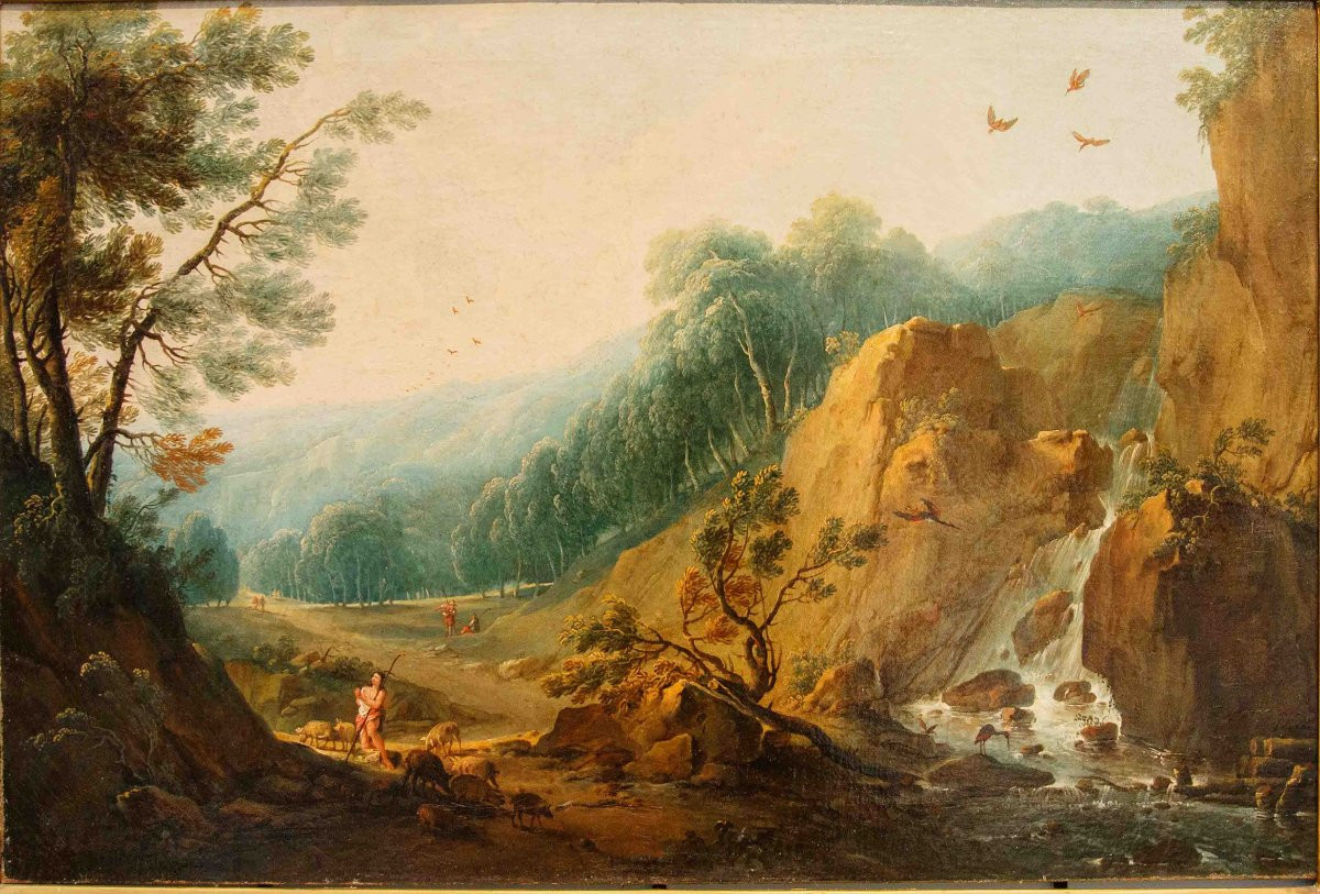 Pittore fiammingo, fine XVII secolo, Paesaggio con pastore e cascatella-photo-4