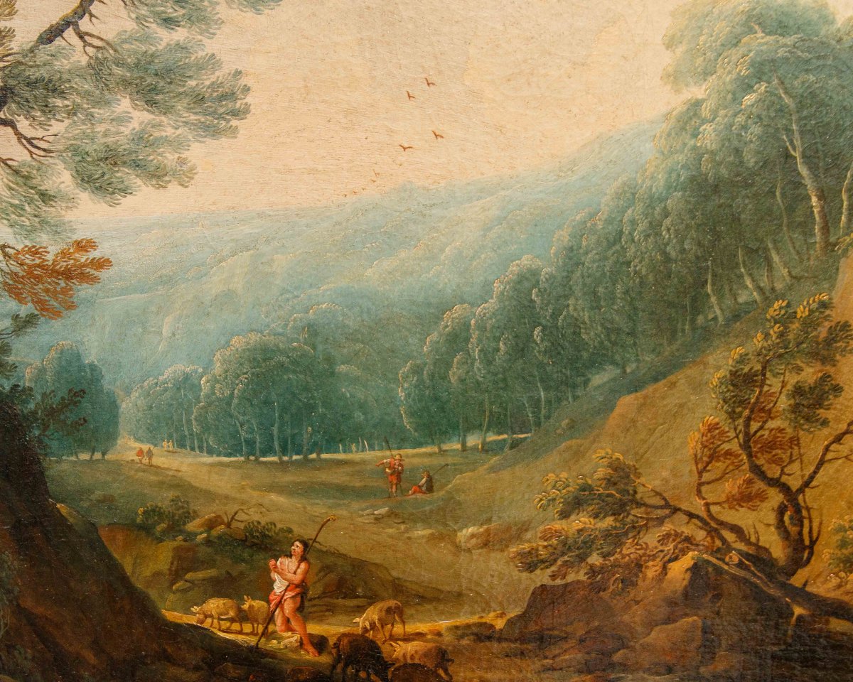 Pittore fiammingo, fine XVII secolo, Paesaggio con pastore e cascatella-photo-3