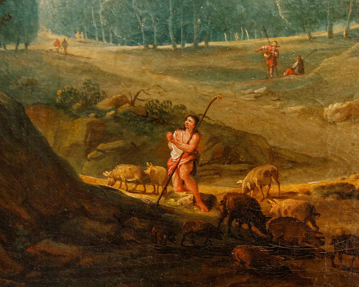 Pittore fiammingo, fine XVII secolo, Paesaggio con pastore e cascatella-photo-5