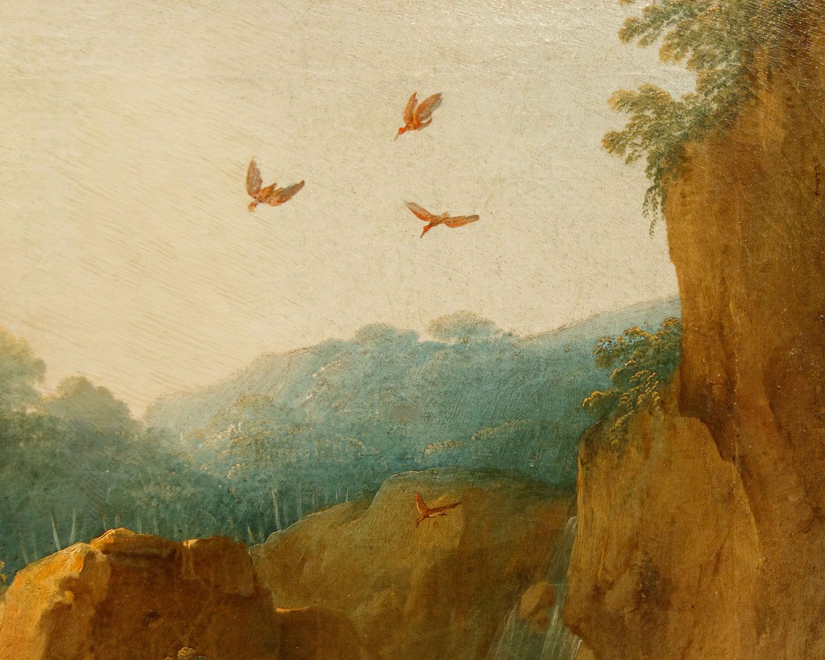 Pittore fiammingo, fine XVII secolo, Paesaggio con pastore e cascatella-photo-6