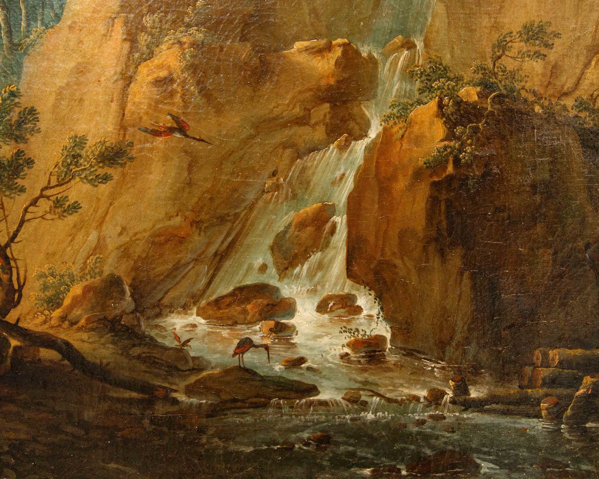 Pittore fiammingo, fine XVII secolo, Paesaggio con pastore e cascatella-photo-7