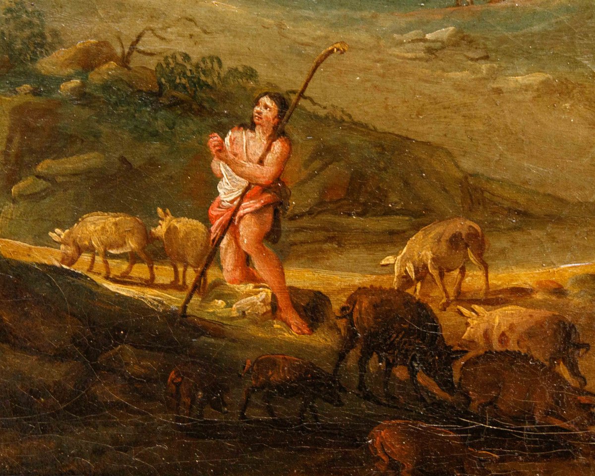 Pittore fiammingo, fine XVII secolo, Paesaggio con pastore e cascatella-photo-8