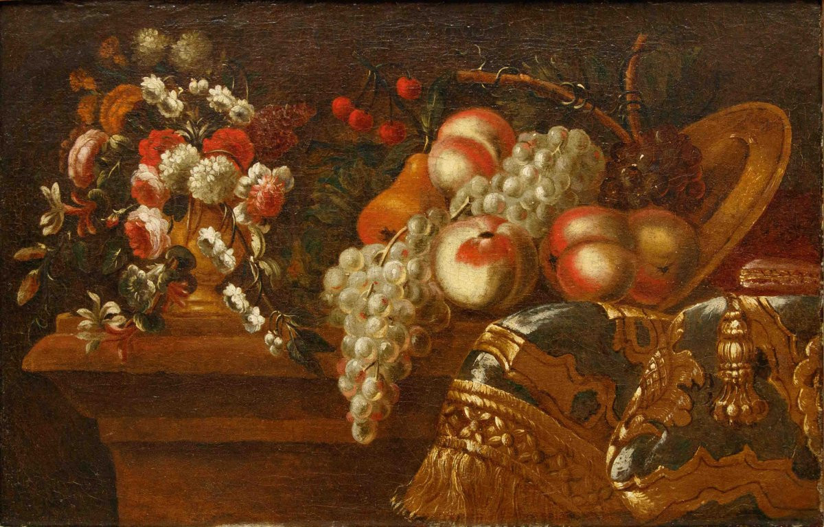 Scuola romana del secolo XVIII, Natura morta con fiori e frutta -photo-3