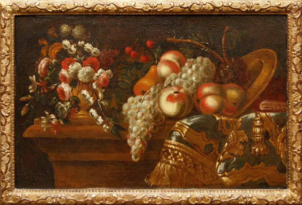 Scuola romana del secolo XVIII, Natura morta con fiori e frutta 