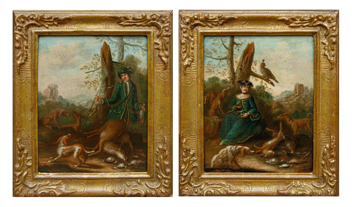 Adriaen De Gryef (Leida, 1657 – Bruxelles, 1722), Coppia di figure con cacciagione
