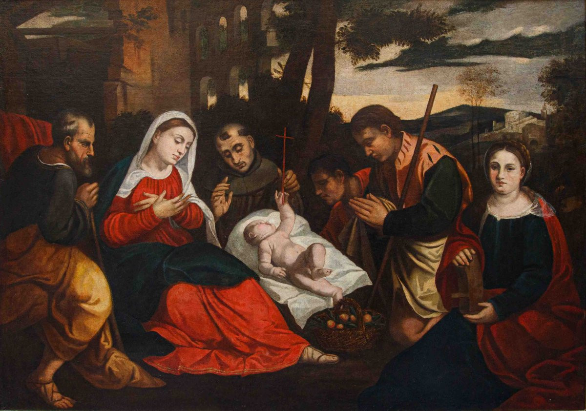 Bottega di Bonifacio de’ Pitati, Adorazione dei pastori  con i Santi Francesco e Caterina-photo-3