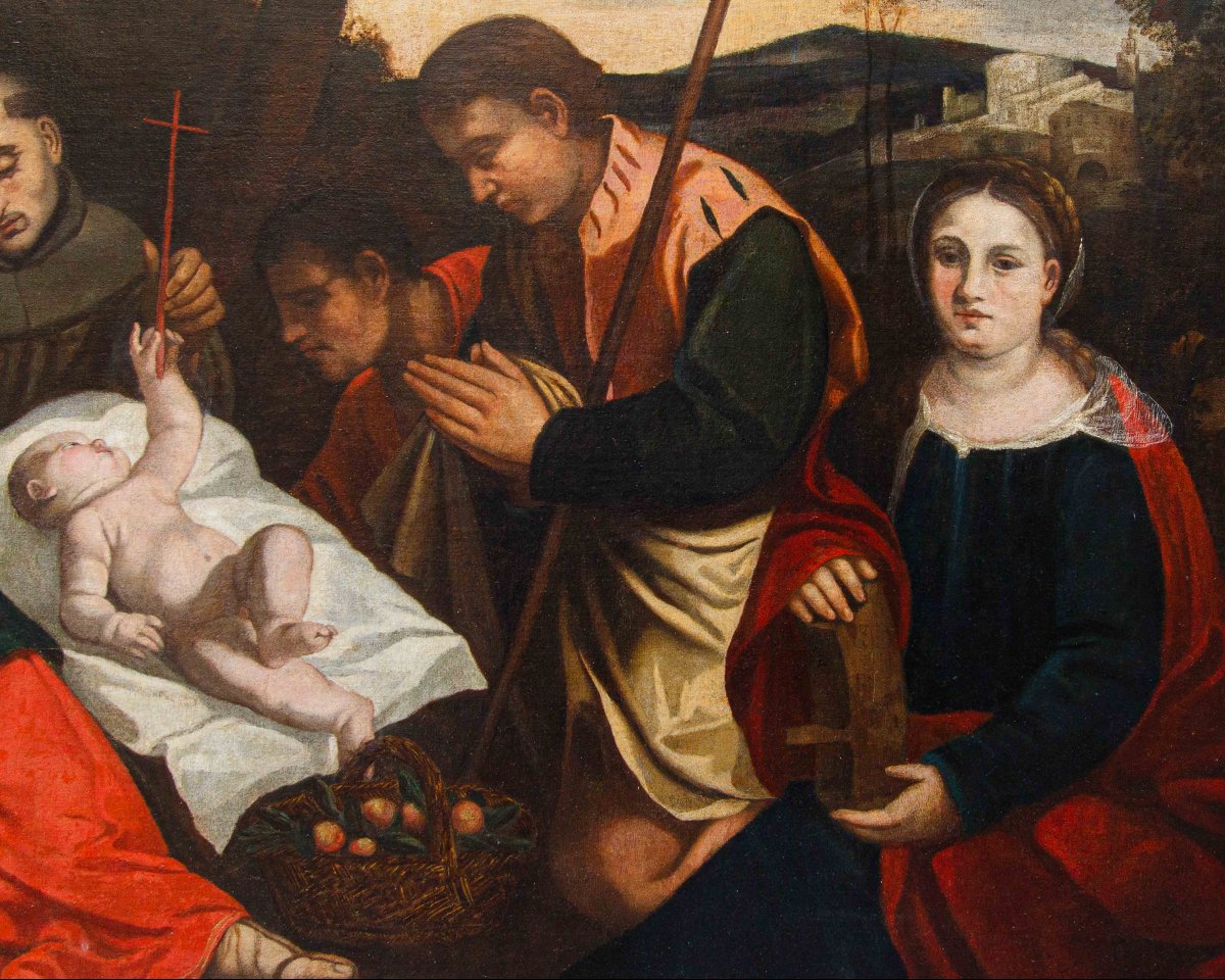 Bottega di Bonifacio de’ Pitati, Adorazione dei pastori  con i Santi Francesco e Caterina-photo-1